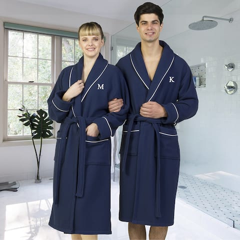 Authentic Hotel and Spa Navy Blue Unisex Turkish Cotton Waffle Weave Terry Bath Robe with White Block Monogram