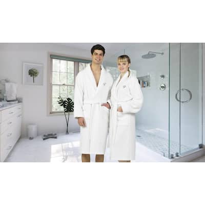 Authentic Hotel and Spa White Unisex Turkish Cotton Waffle Weave Terry Bath Robe with Black Script Monogram
