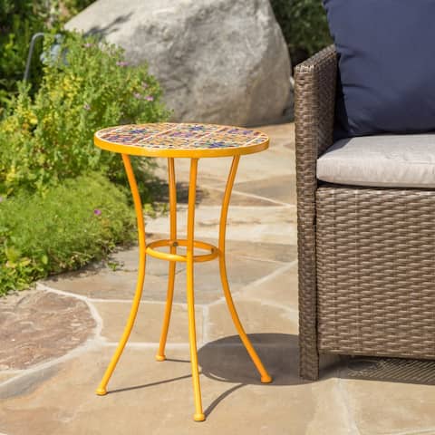 Barnsfield Outdoor Round Ceramic Tile Side Table with Iron Frame by Christopher Knight Home