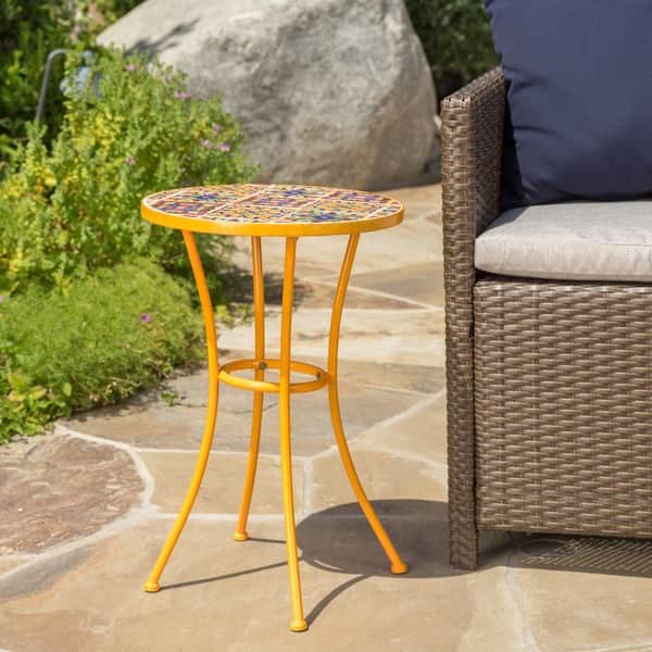 Barnsfield Outdoor Round Ceramic Tile Side Table with Iron Frame by