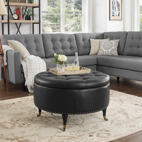 Spencer Leather Hidden-storage Button-tufted Ottoman