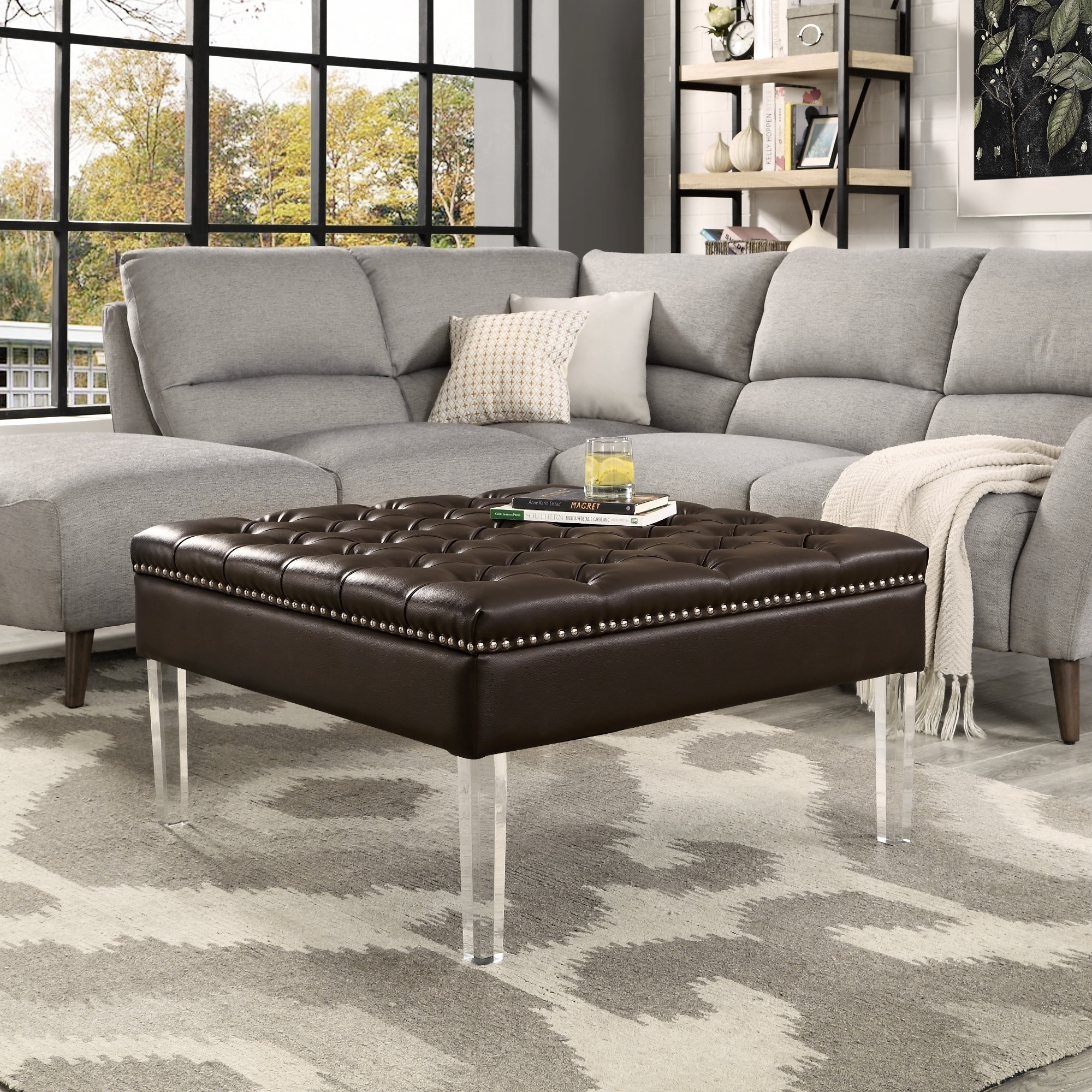 Vivian Leather Oversized Button Tufted Ottoman Coffee Table Overstock 16535148