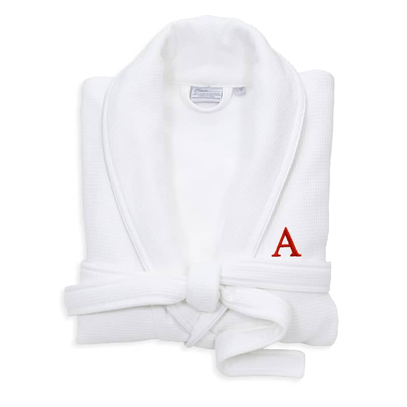 Authentic Hotel and Spa White Unisex Turkish Cotton Waffle Weave Terry Bath Robe with Red Block Monogram