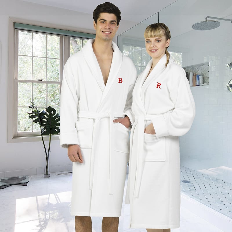 Authentic Hotel and Spa White Unisex Turkish Cotton Waffle Weave Terry Bath Robe with Red Block Monogram