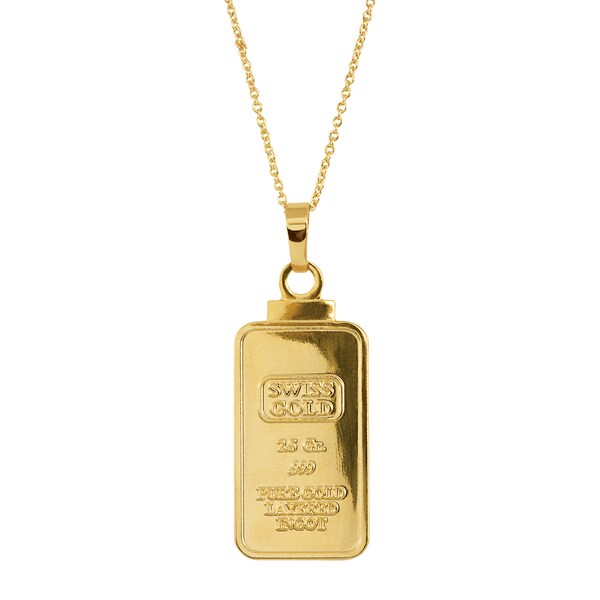 American Coin Treasures 2.5 Gram Swiss Ingot Replica Coin Pendant Layered in 24KT Gold. Opens flyout.
