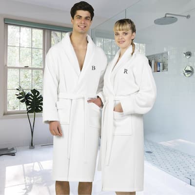 Authentic Hotel and Spa White Unisex Turkish Cotton Waffle Weave Terry Bath Robe with Grey Block Monogram