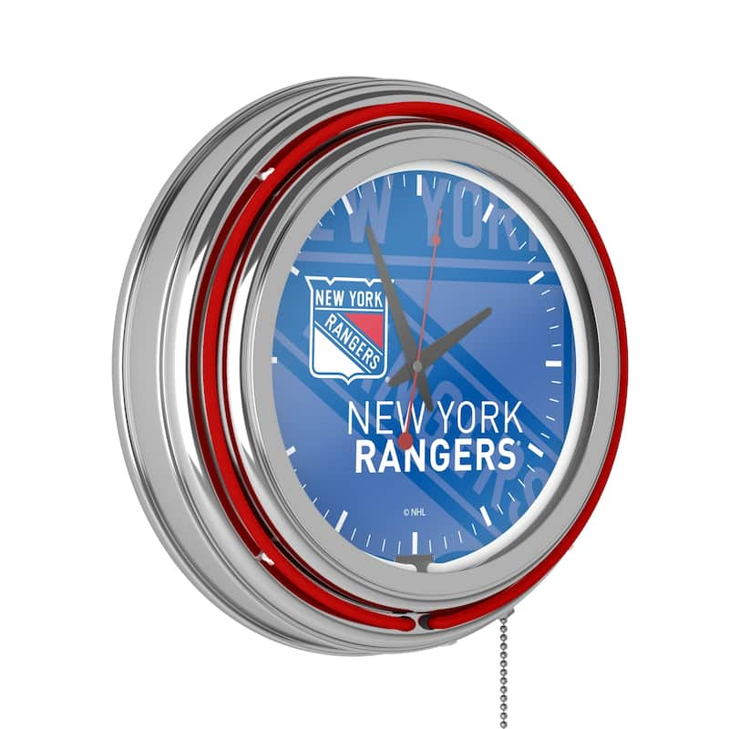 NHL Chrome Double Rung Neon Clock - Watermark - 14.5" x 14.5" x 3" - New York Rangers