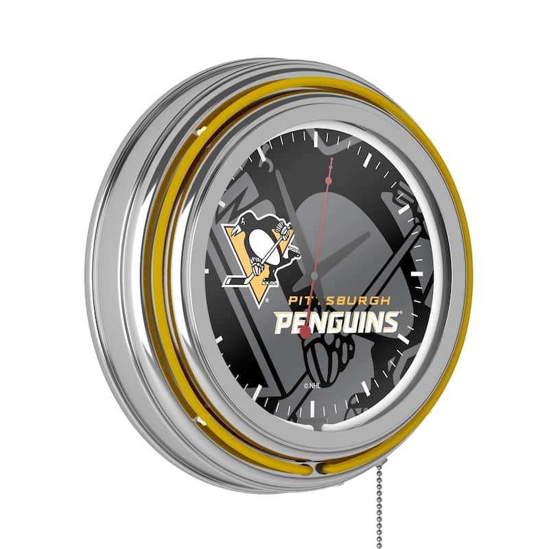 NHL Chrome Double Rung Neon Clock - Watermark - 14.5" x 14.5" x 3" - Pittsburgh Penguins