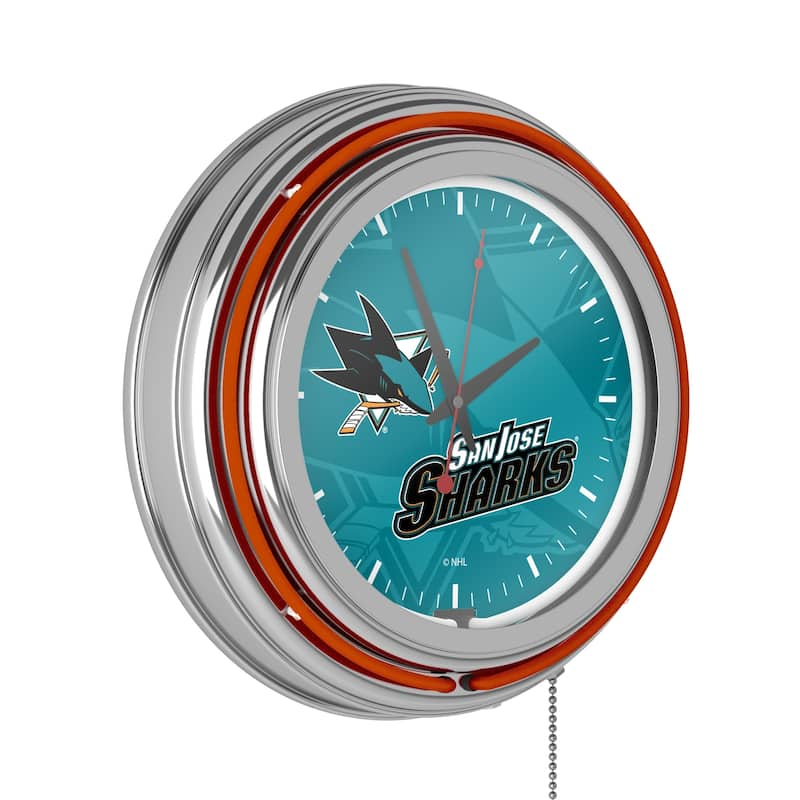 NHL Chrome Double Rung Neon Clock - Watermark - 14.5" x 14.5" x 3" - San Jose Sharks