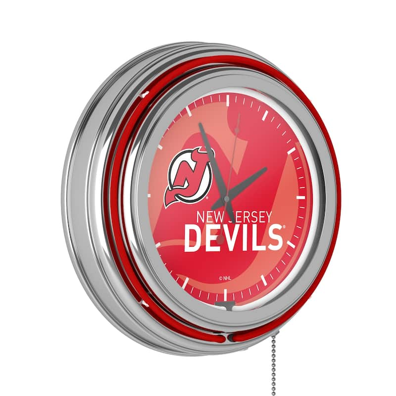 NHL Chrome Double Rung Neon Clock - Watermark - 14.5" x 14.5" x 3" - New Jersey Devils