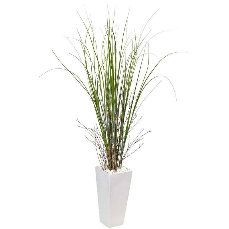 Nearly Natural Bamboo Grass in White Ceramic Tower Planter
