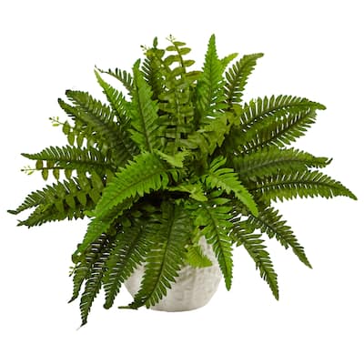 Nearly Natural Green/White Faux Boston Fern in Planter