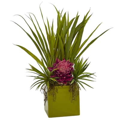 Nearly Natural Silk Tropical and Succulent Artificial Floral Arrangement in Green Planter