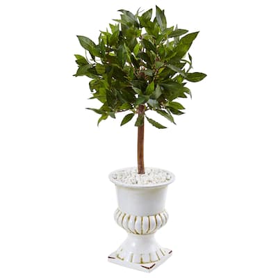 Nearly Natural 2.5-foot Sweet Bay Mini Topiary Tree in White Urn