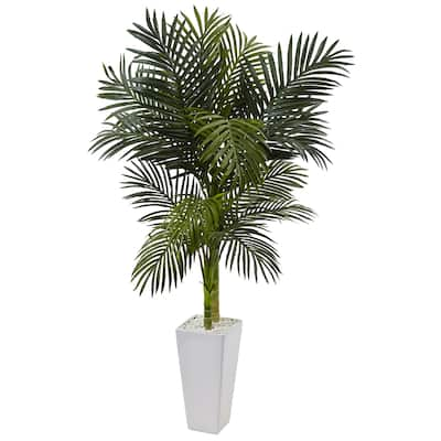 Nearly Natural 5-foot Golden Cane Palm Tree Silk Plant in White Tower Planter