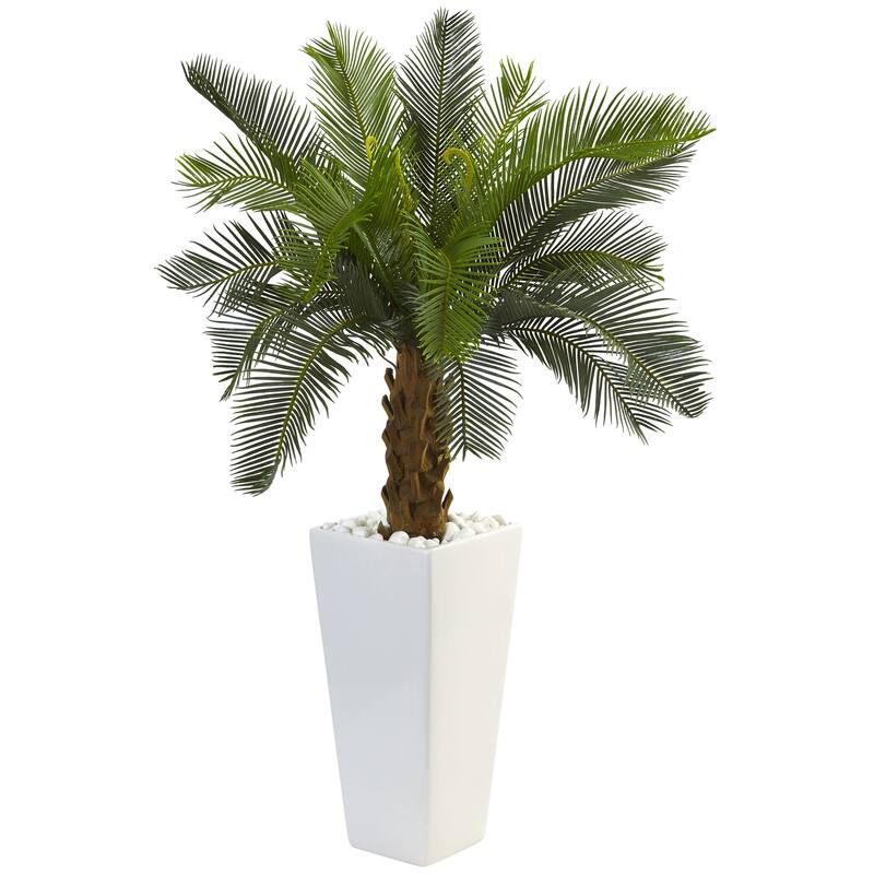Nearly Natural 3-foot Cycas Tree in White Tower Planter