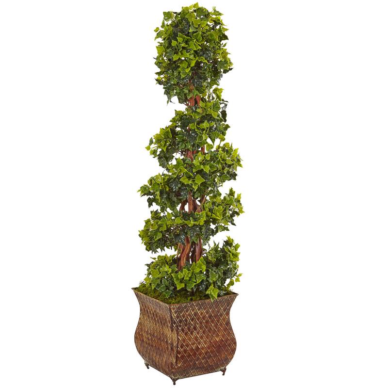 Nearly Natural Green 4-foot Indoor/Outdoor English Ivy Spiral Tree in Metal Planter