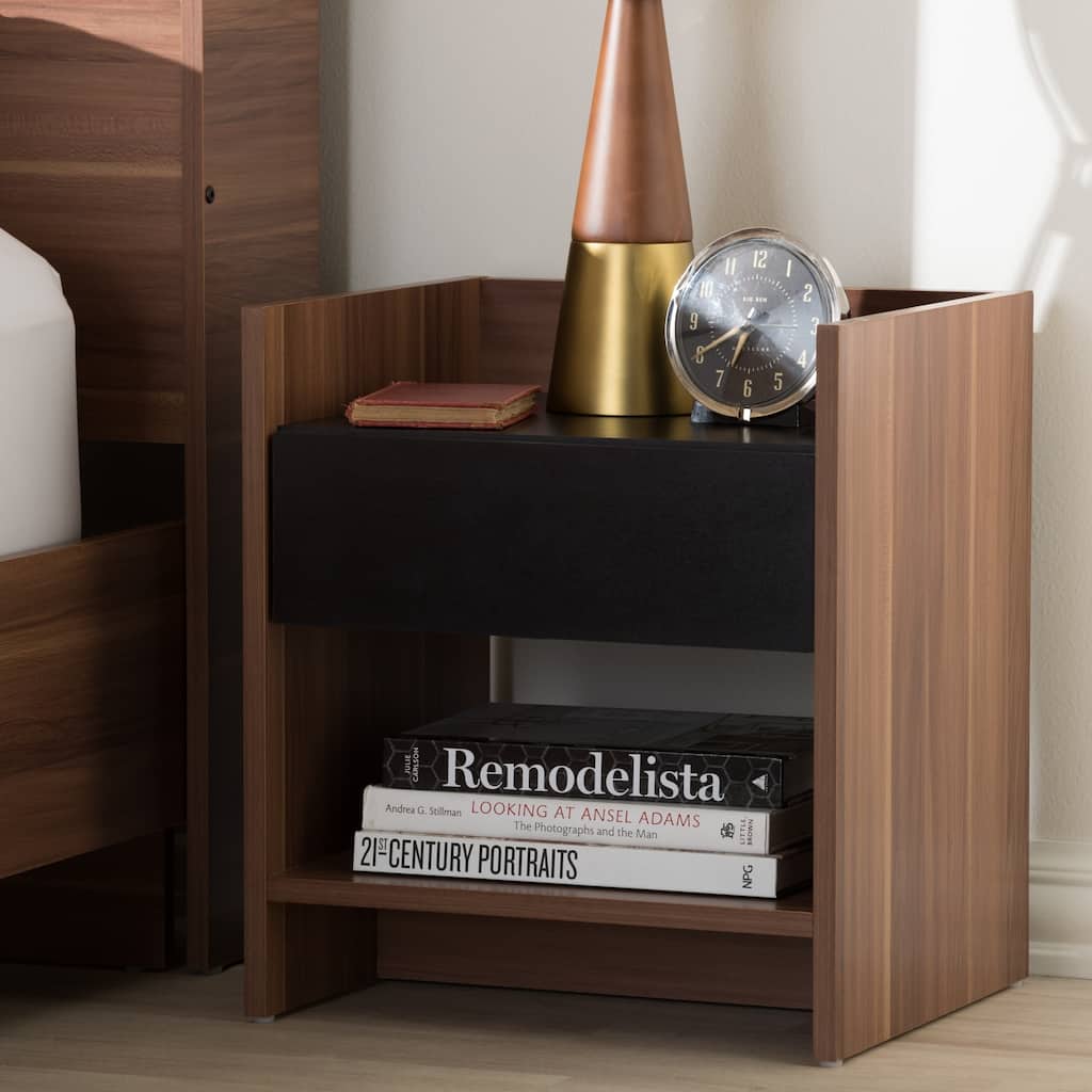 Modern Two-Tone Walnut and Black Wood 1-Drawer Nightstand by Baxton Studio