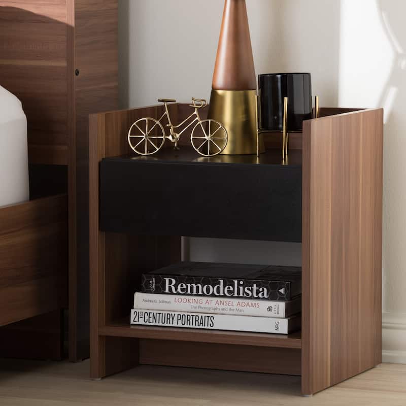 Modern Two-Tone Walnut and Black Wood 1-Drawer Nightstand by Baxton Studio