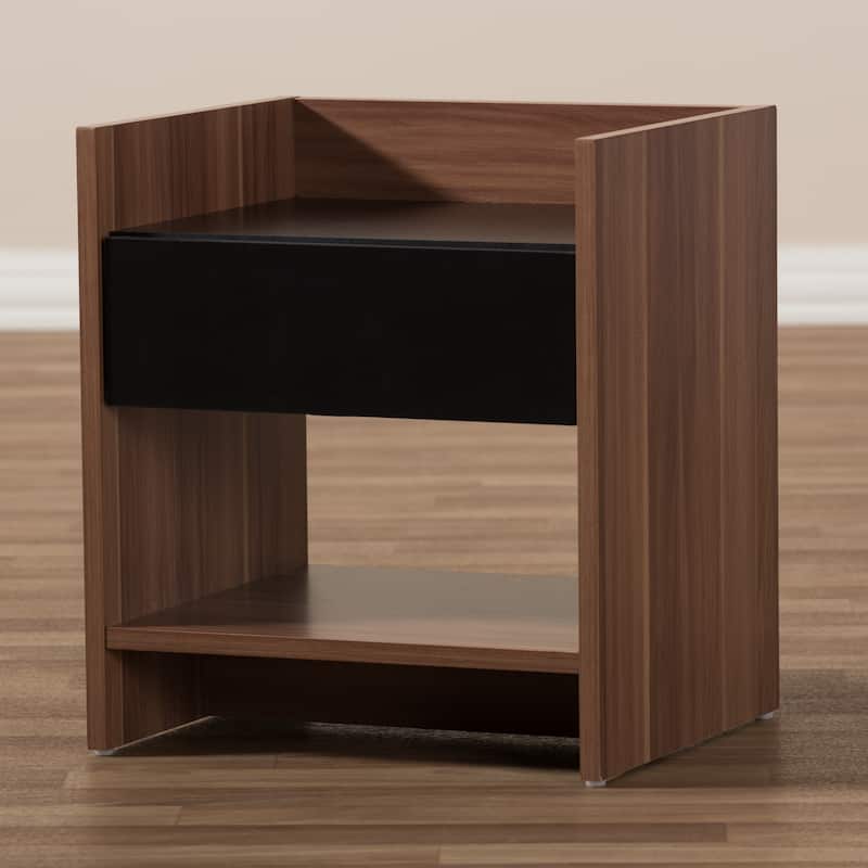 Modern Two-Tone Walnut and Black Wood 1-Drawer Nightstand by Baxton Studio