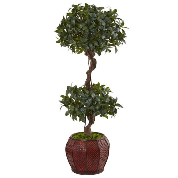 Nearly Natural Sweet Bay 4.5-foot Double Topiary Tree in Round Wood Planter. Opens flyout.