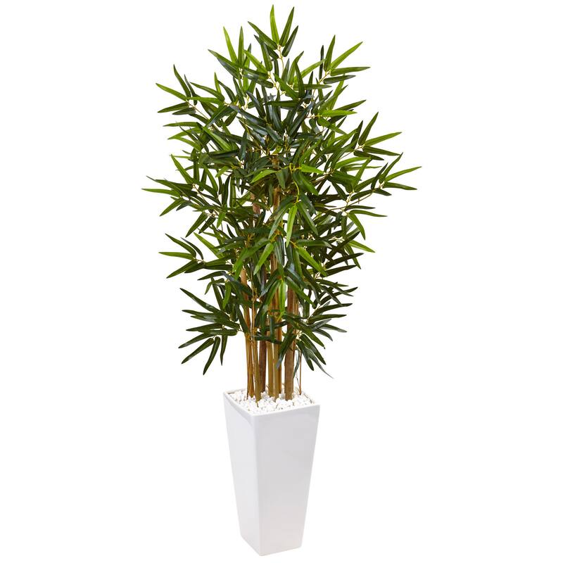 Nearly Natural 4-foot Bamboo Tree in White Tower Planter
