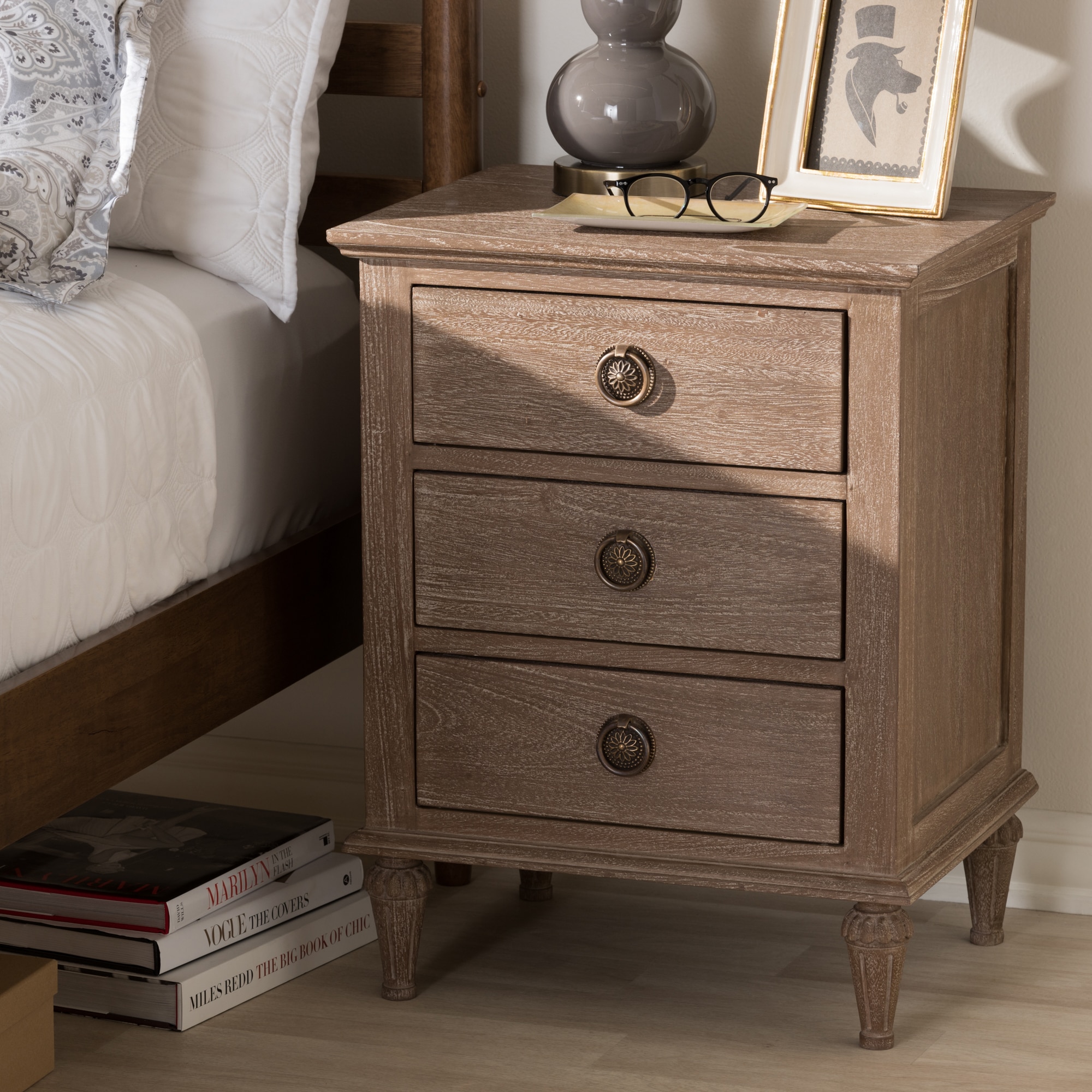 Rustic Wood 3 Drawer Nightstand by Baxton Studio On Sale Bed