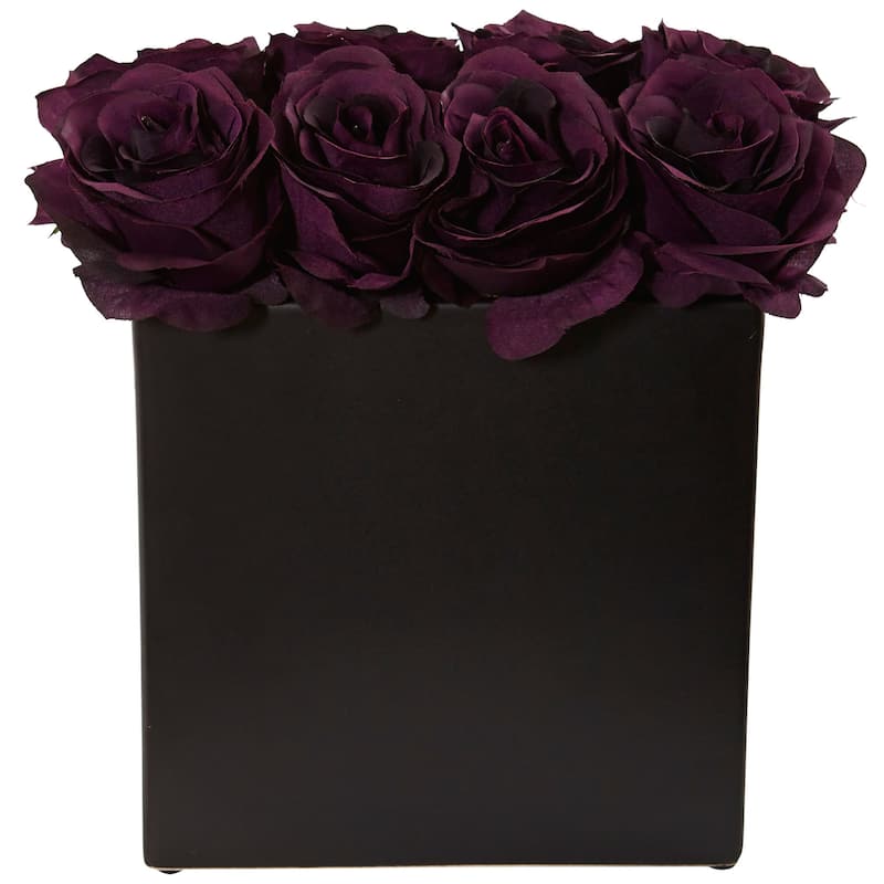Nearly Natural Roses Silk Plant Arrangement in Black Vase