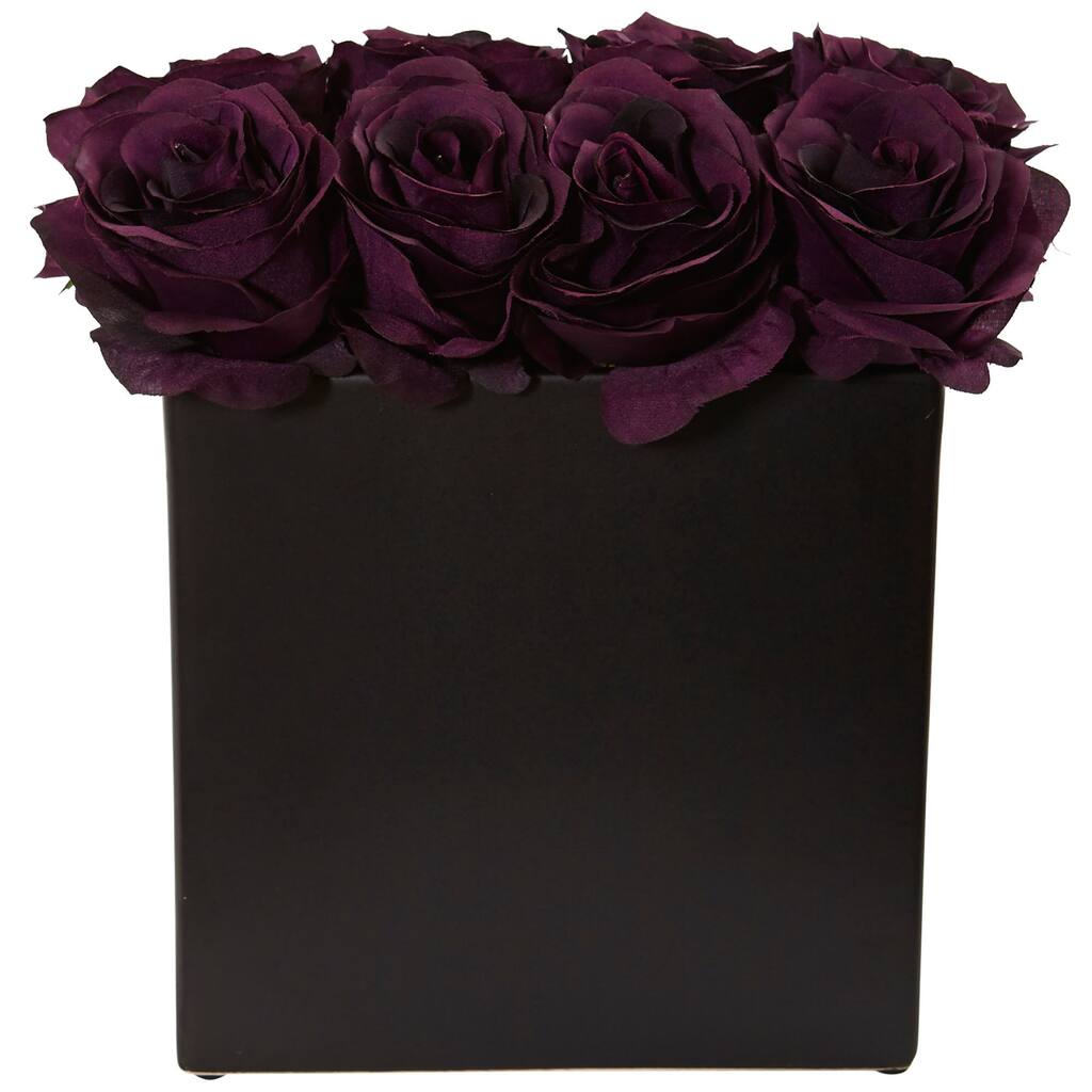 Nearly Natural Roses Silk Plant Arrangement in Black Vase