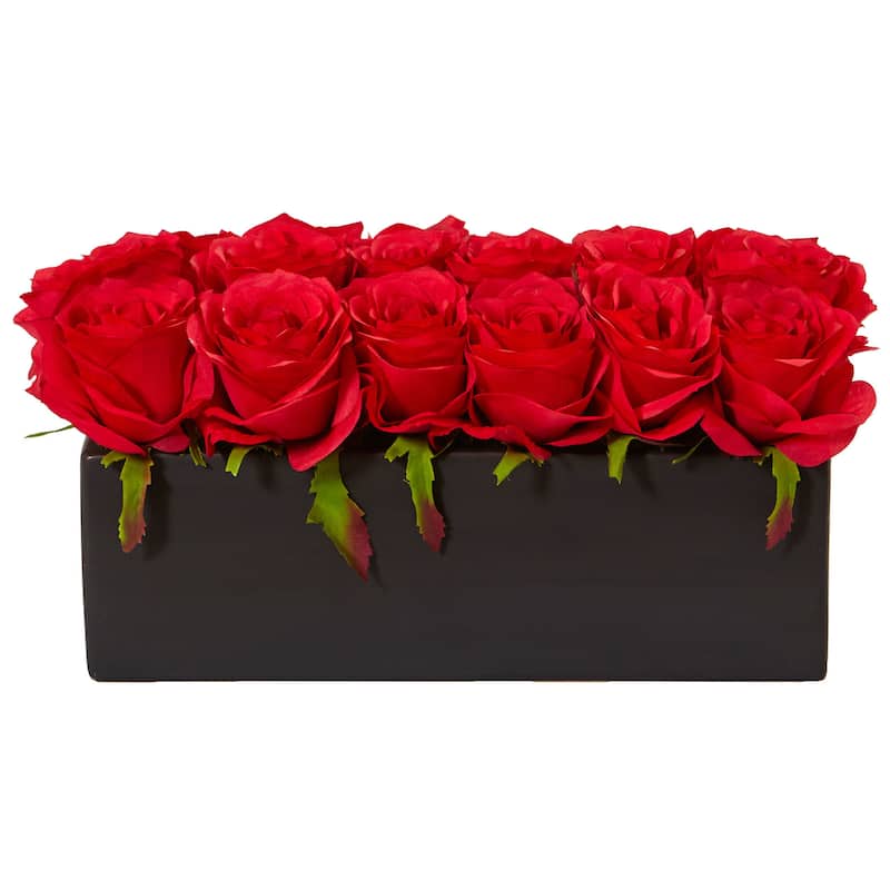 Nearly Natural Roses in Rectangular Planter