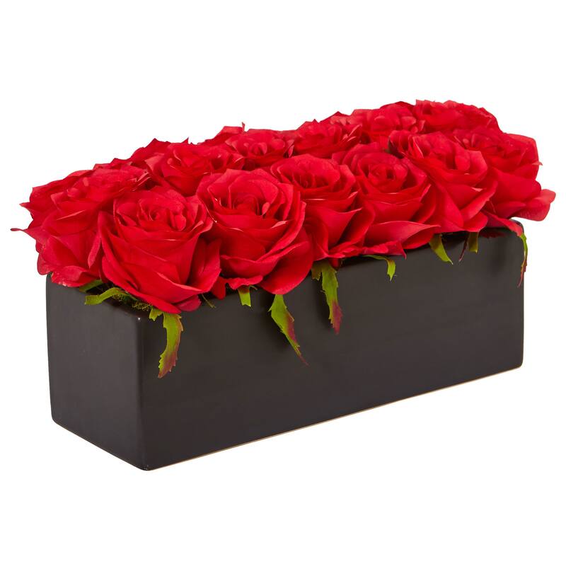 Nearly Natural Roses in Rectangular Planter