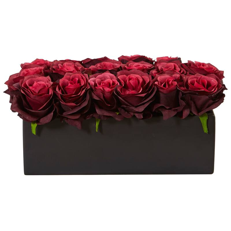 Nearly Natural Roses in Rectangular Planter