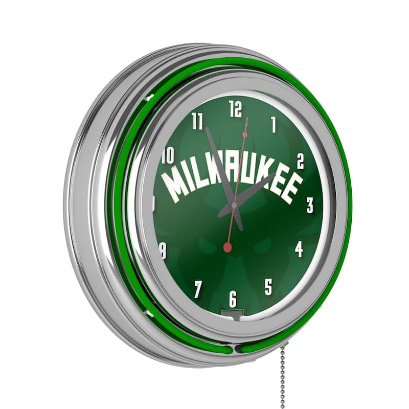 NBA Chrome Double Rung Neon Clock - Fade - 14.5" x 14.5" x 3" - Milwaukee Bucks