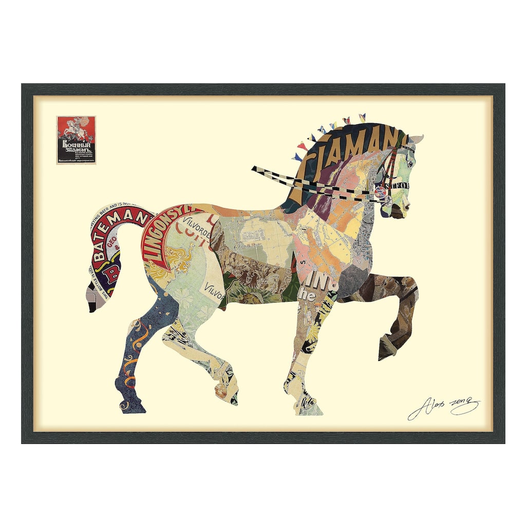 Empire Art "Carousel Horse" Alex Zeng's dimensional collage, under glass & a black shadow box frame
