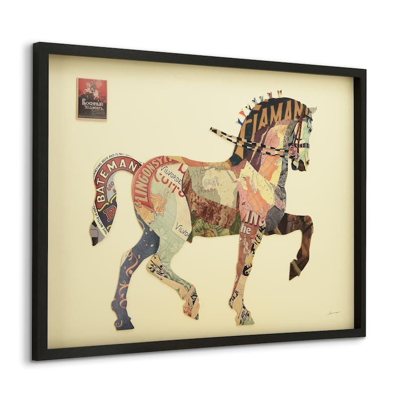 Empire Art "Carousel Horse" Alex Zeng's dimensional collage, under glass & a black shadow box frame