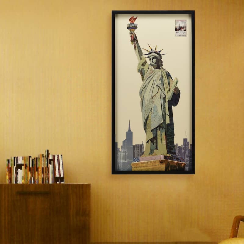 Empire Art "Lady Liberty" Alex Zeng's dimensional collage, under glass & a black shadow box frame