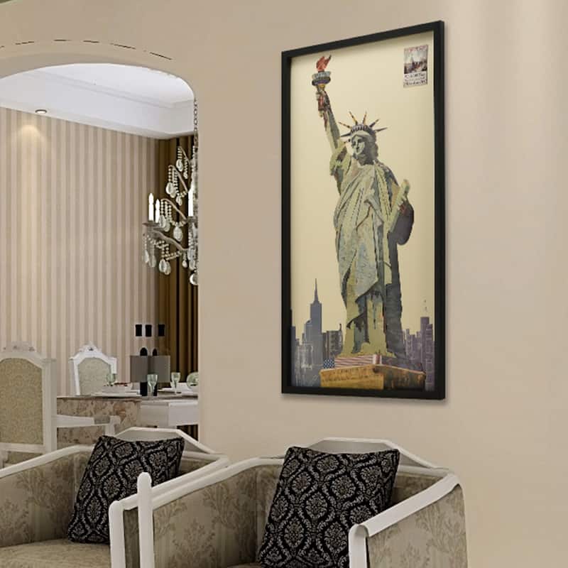 Empire Art "Lady Liberty" Alex Zeng's dimensional collage, under glass & a black shadow box frame