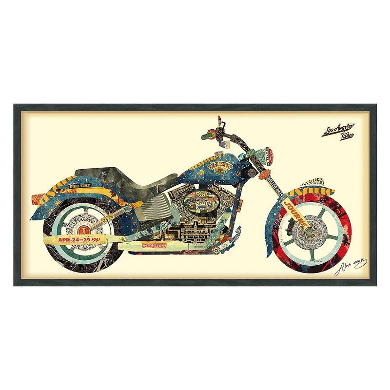 "Los Angeles Rider" Alex Zeng's dimensional collage, under glass & a black shadow box frame