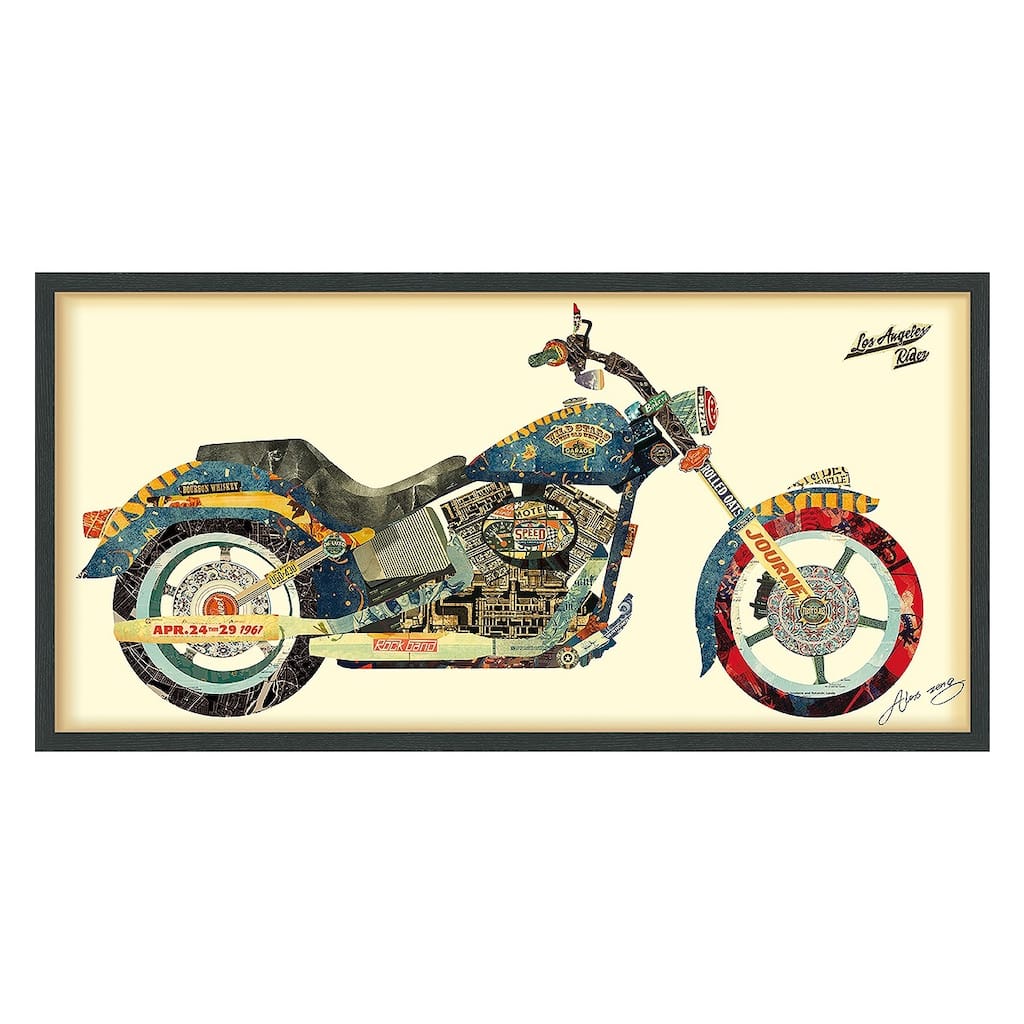 "Los Angeles Rider" Alex Zeng's dimensional collage, under glass & a black shadow box frame