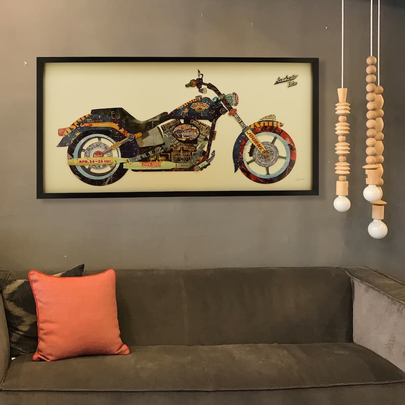 "Los Angeles Rider" Alex Zeng's dimensional collage, under glass & a black shadow box frame