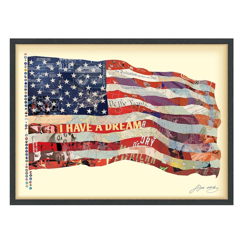 "American Flag" Alex Zeng's dimensional collage, under glass & a black shadow box frame