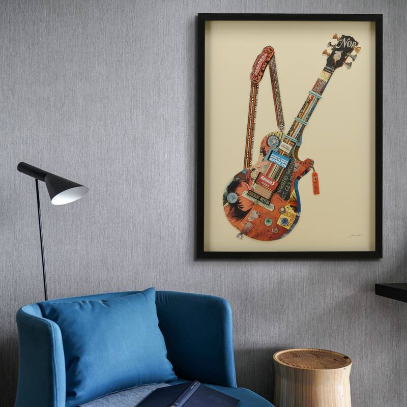 Empire Art "Electric Guitar" Alex Zeng's dimensional collage, under glass & a black shadow box frame