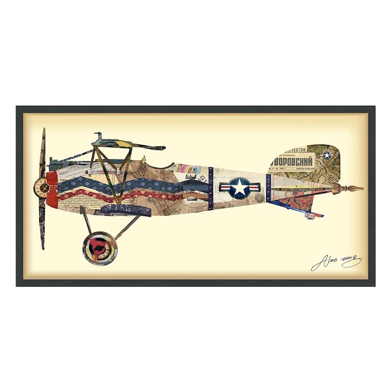 Empire Art "Antique Biplane #3" Alex Zeng's dimensional collage, under glass & a black shadow box frame