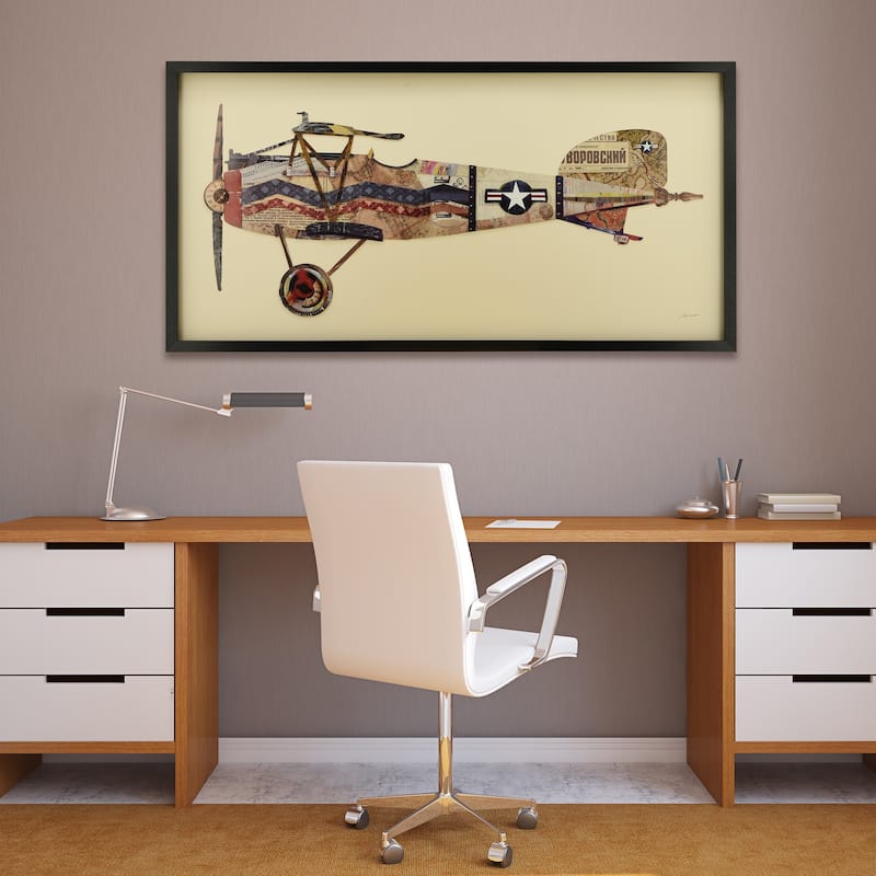 Empire Art "Antique Biplane #3" Alex Zeng's dimensional collage, under glass & a black shadow box frame