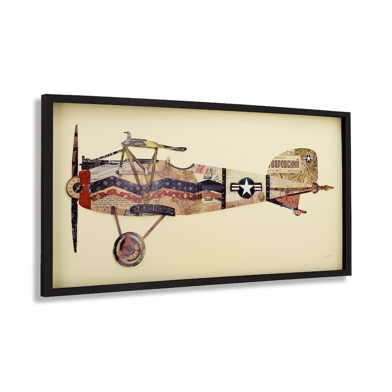 Empire Art "Antique Biplane #3" Alex Zeng's dimensional collage, under glass & a black shadow box frame
