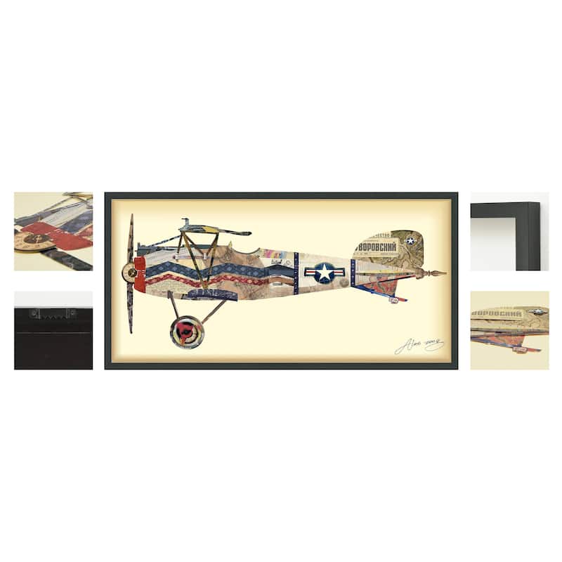Empire Art "Antique Biplane #3" Alex Zeng's dimensional collage, under glass & a black shadow box frame