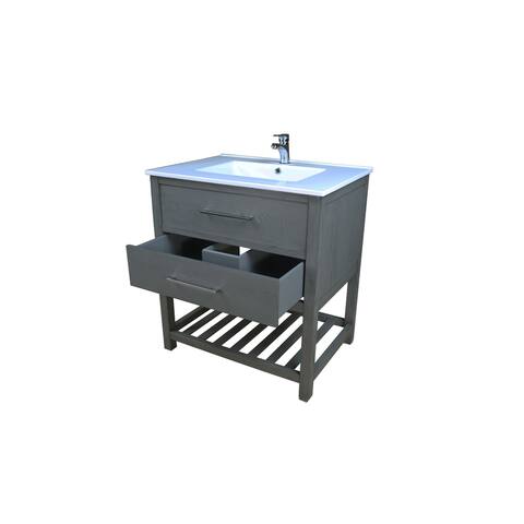 Priva 37 in. W x 22 in. D Vanity in Greywood with Single-Hole Ceramic Top in White and Mirror