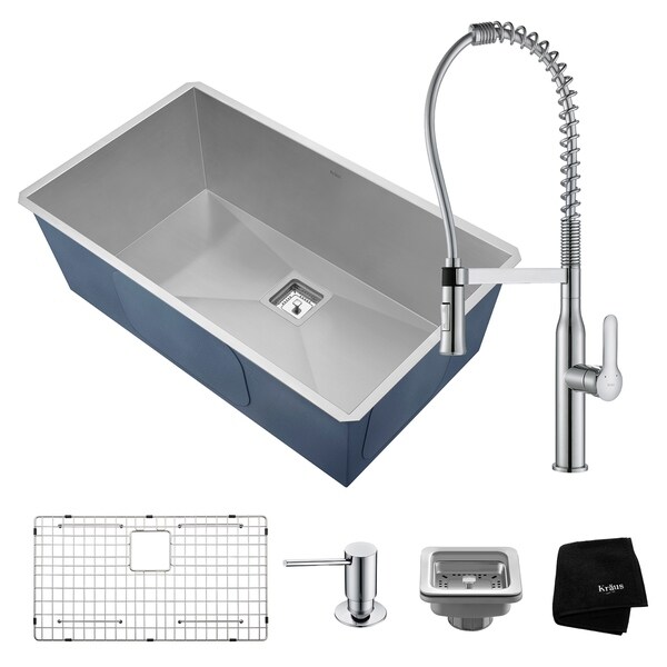 KRAUS Pax 31 In Undermount Single Bowl Stainless Steel Kitchen Sink, KPF-1640 Nola Commercial Pull Down Faucet Dispenser
