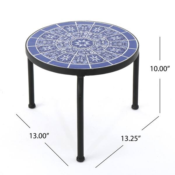 Slate Outdoor Round Tile Side Table by Christopher Knight Home in Blue/ White (As Is Item) Bed