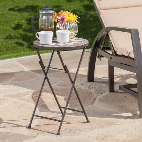 Silvester Outdoor Round Stone Side Table with Iron Frame by Christopher Knight Home